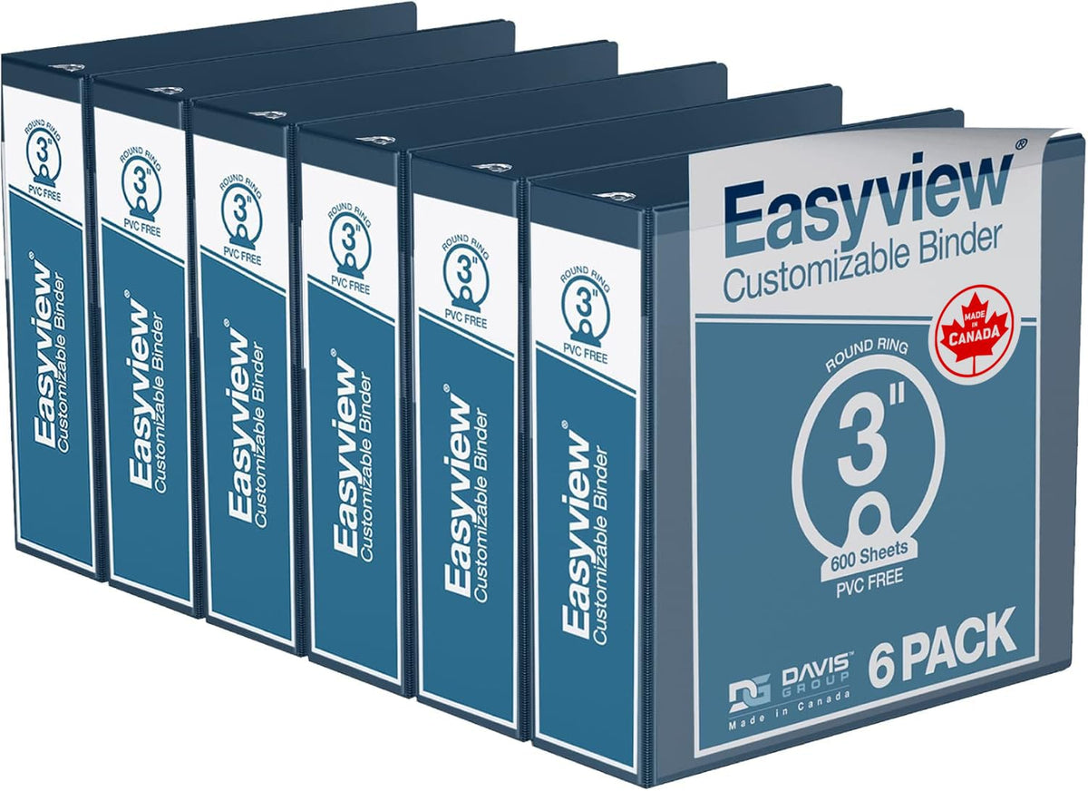 Easyview 3-Ring Binder, Clear-View Cover, 3" Round Rings, Navy Blue, 6 Pack
