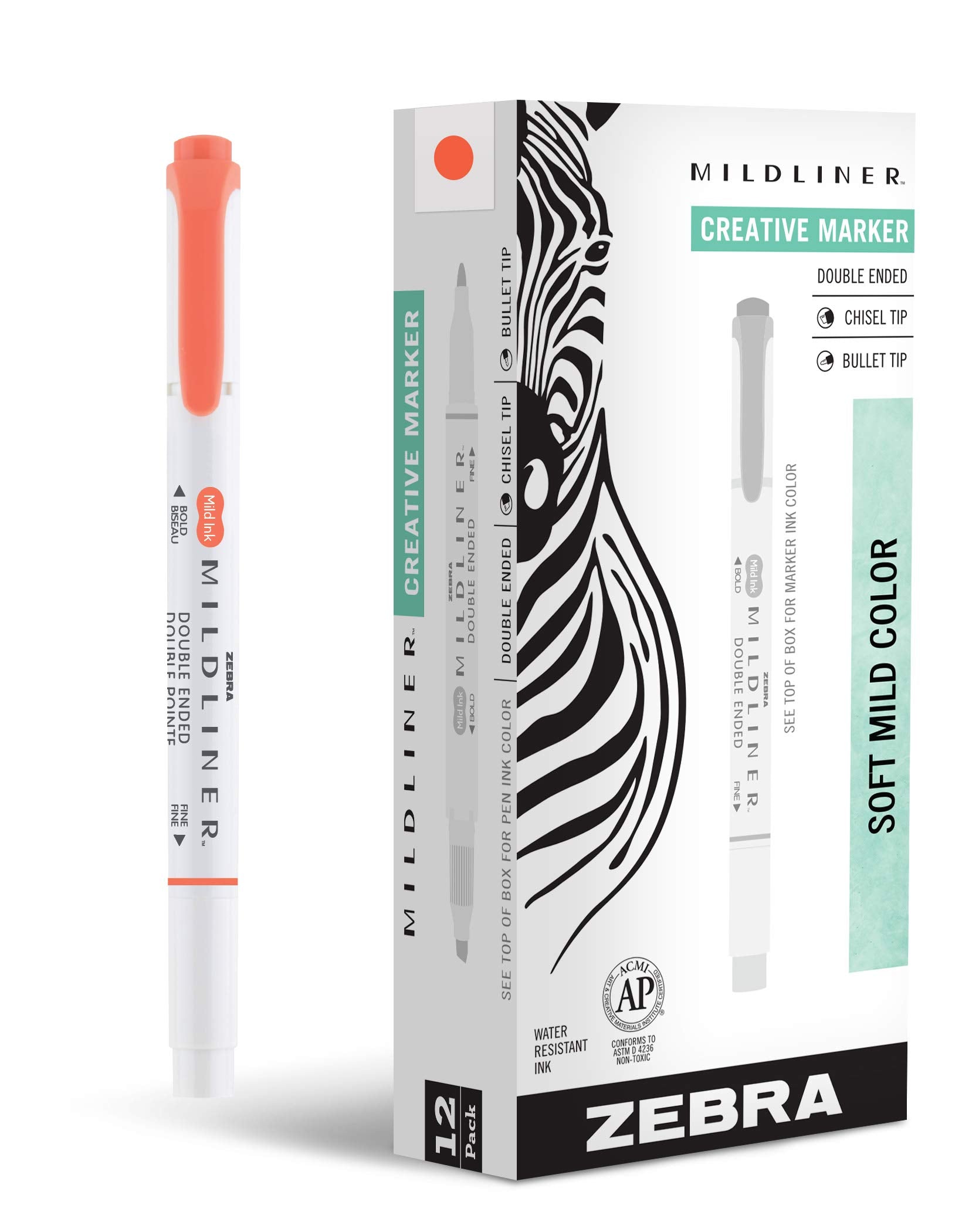 Zebra Pen MILDLINER No Bleed Highlighter, Vermillion, Dual Tip, 12-Pack