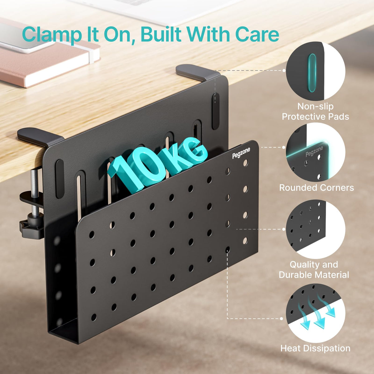 PEGZONE Desk Side Storage Organizer, Fits Flat Edge 0.4" to 2.2", Black