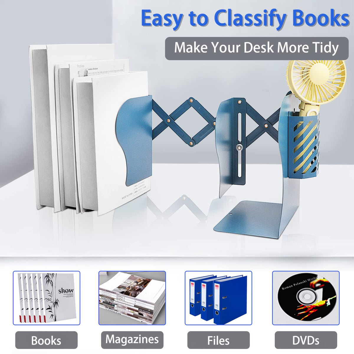 Heavy Duty Book Ends to Hold Books with Pen Holder, Carooyac Adjustable Bookends, Metal Book Ends