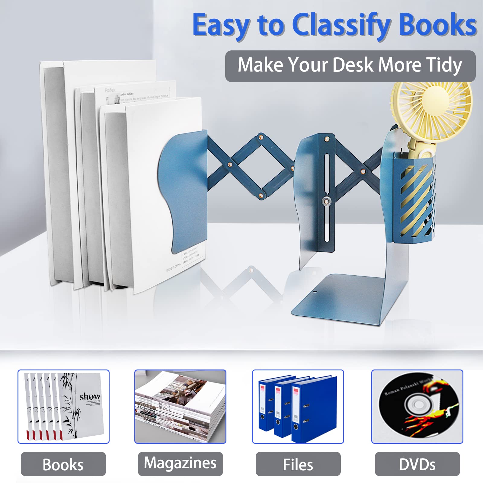 Heavy Duty Book Ends to Hold Books with Pen Holder, Carooyac Adjustable Bookends, Metal Book Ends