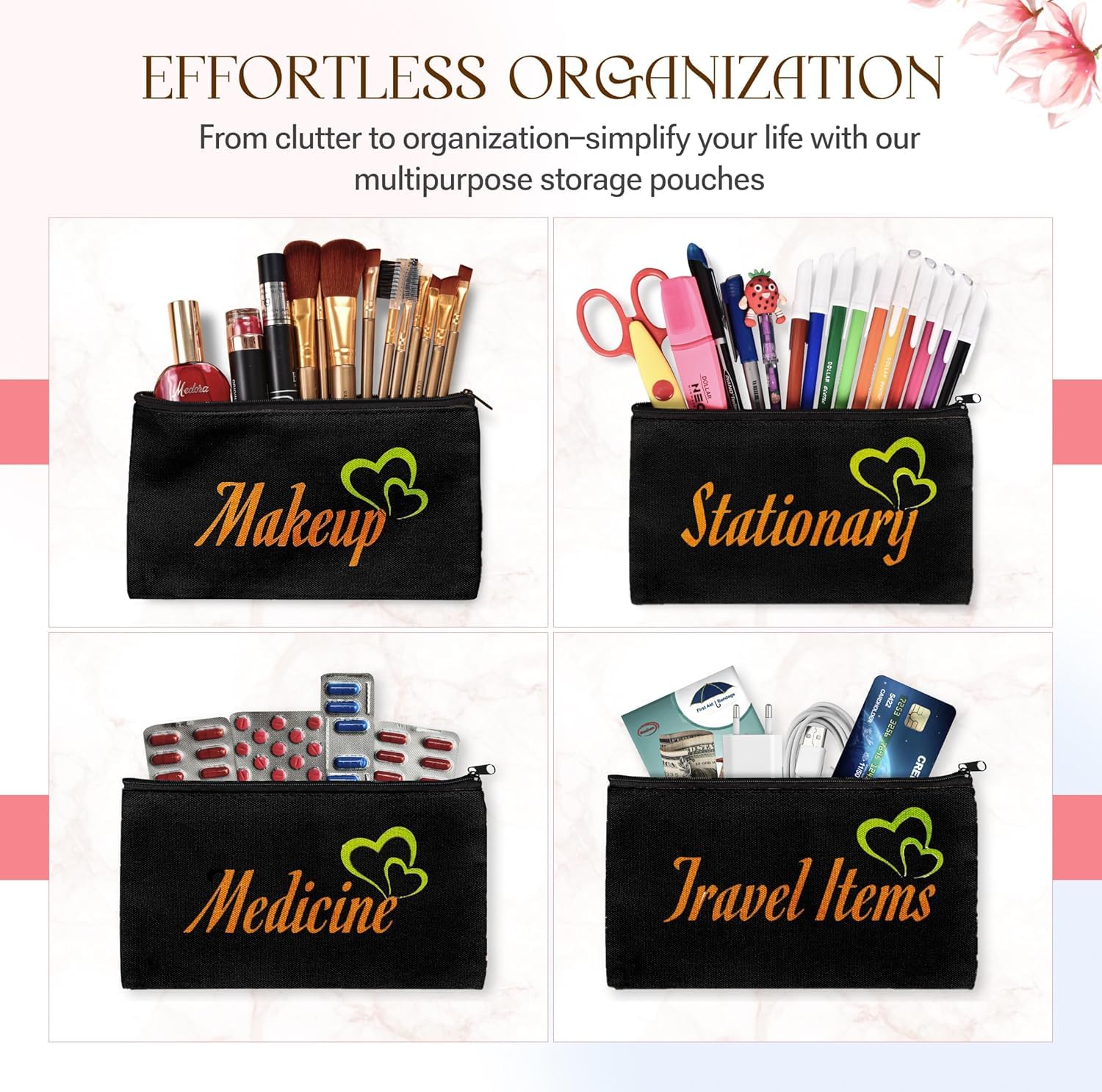 80pcs Black canvas Zipper Pouch Makeup Bags Bulk Pencil Case, Smooth Zipper