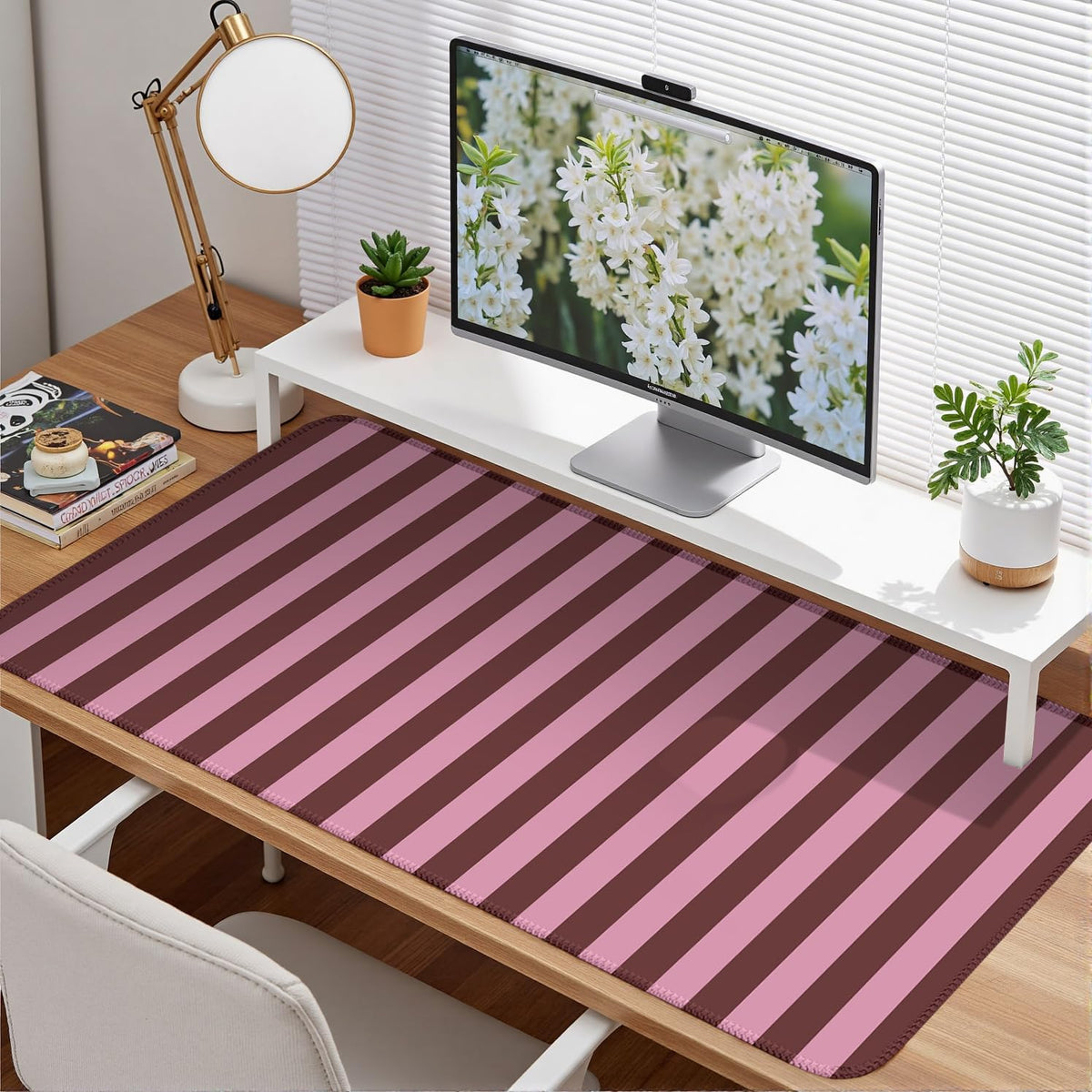 Pink and Burgundy Striped Desk Mat Cute Pastel XXL Large Gaming Mouse Pad Desk Pad Kawaii Cozy