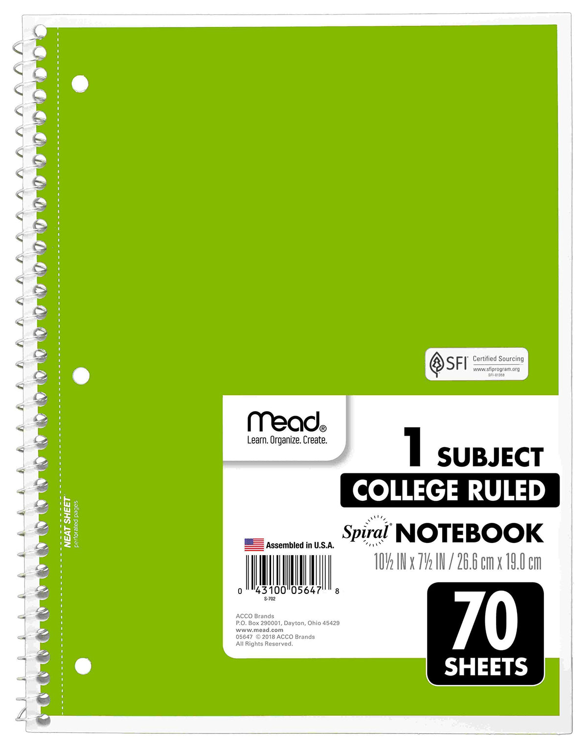 Mead Spiral Notebooks, 6 Pack, 1-Subject, College Ruled Paper, 10-1/2" x 8”, 70 Sheets per
