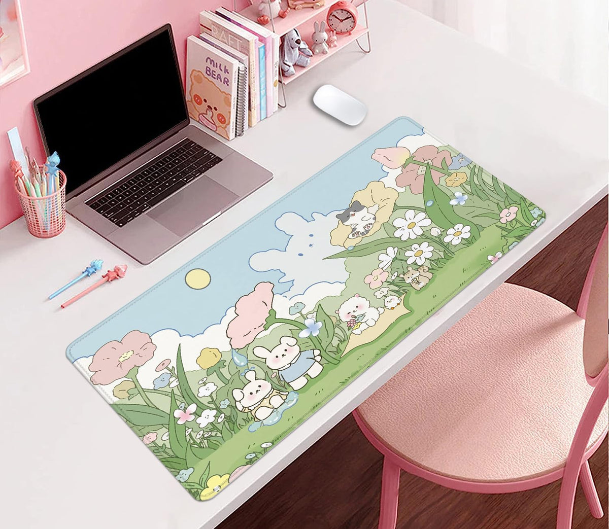Cute Cartoon Bear Rabbit Cat and Flowers Extended Desk Pad Mouse Pad,Stitched Edges Non-Slip Rubber