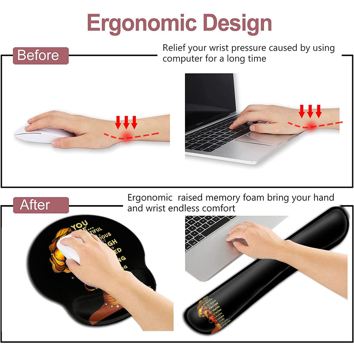 Black Mouse Pad with Stitched Edge Non-Slip Rubber Base, Office Accessories Desk Decor for