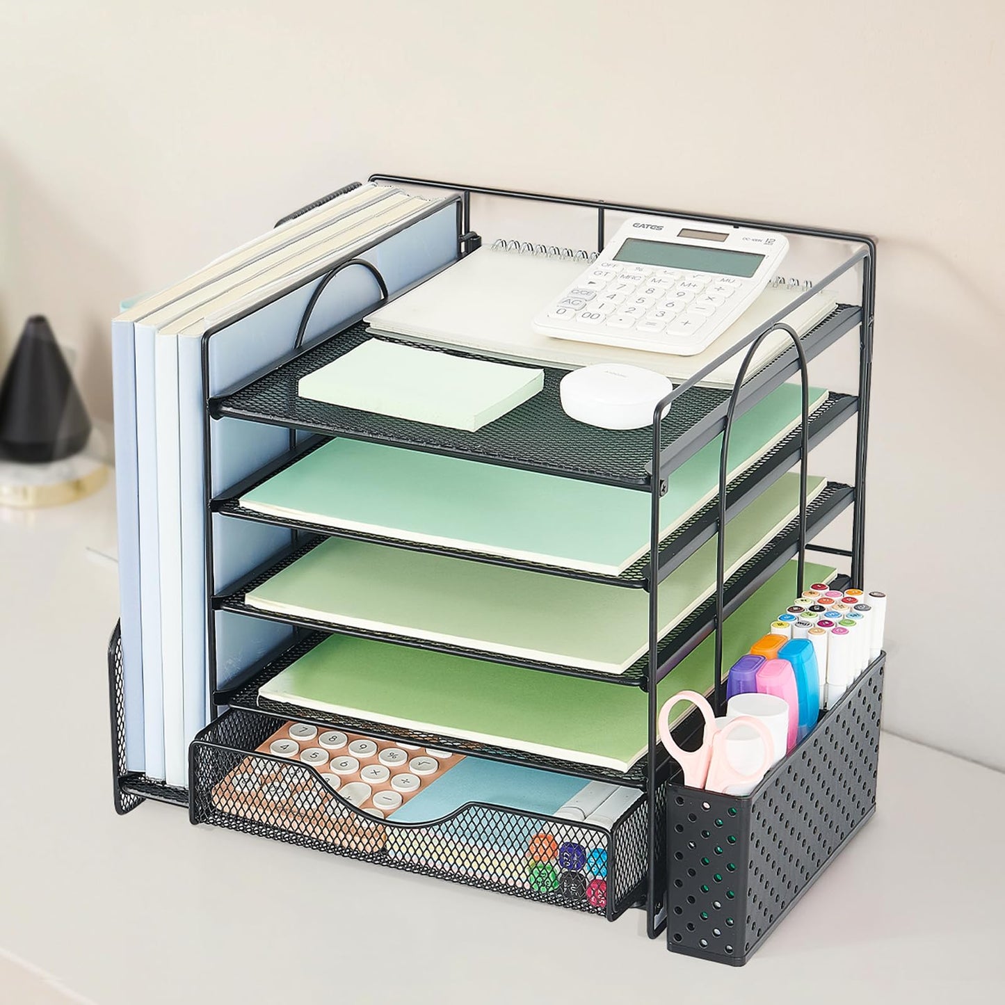 OUTIOE 5-Tier Desk Organizer with Drawer and Pen Holder, Black