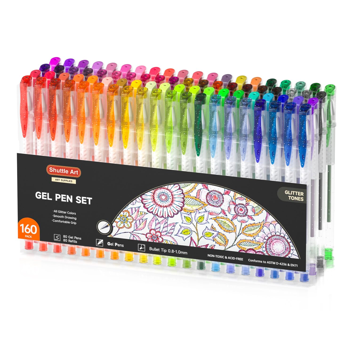 Shuttle Art 160 Pack Glitter Gel Pens, 80 Colors Glitter Gel Pens Set with 80 Refills for Adults