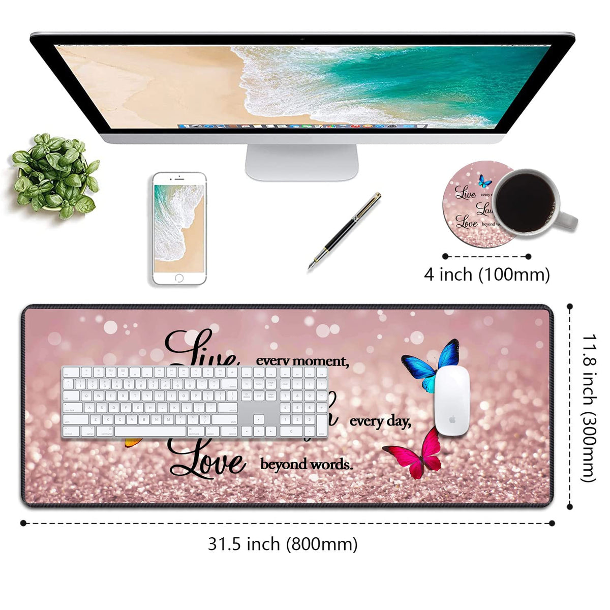 Desk Pad Mat With Coasters, 31.5"x 11.8" XXL Large Gaming Mouse Mat With Non-Slip Base and Stitched