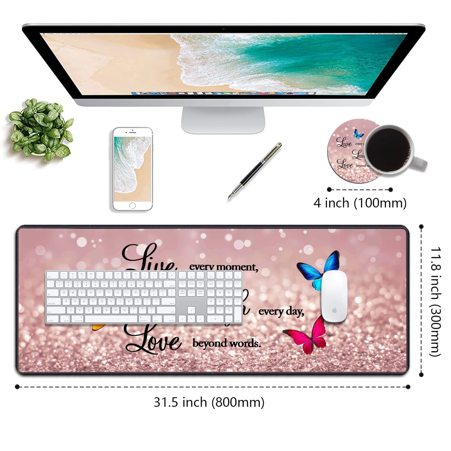 Desk Pad Mat With Coasters, 31.5"x 11.8" XXL Large Gaming Mouse Mat With Non-Slip Base and Stitched
