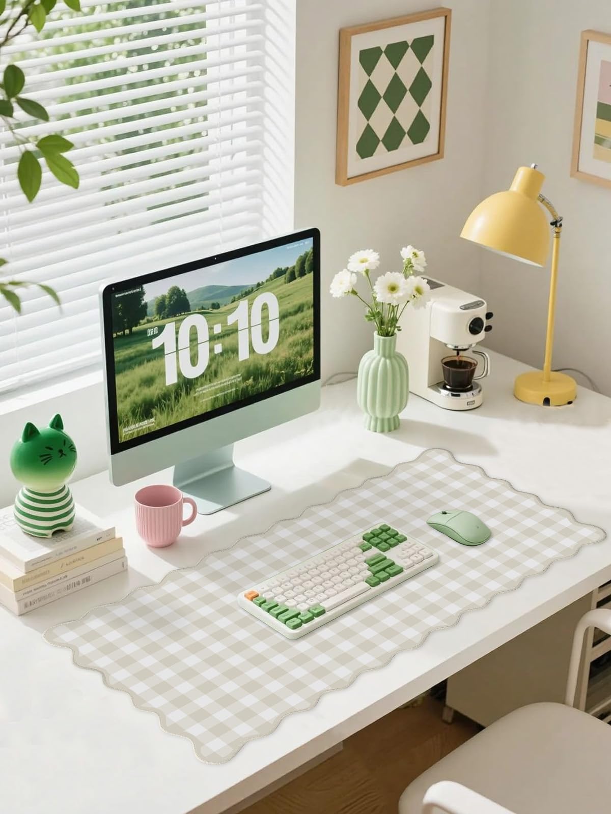 ohisxiacy Scalloped‌ Beige Checkered Gingham Desk Mat Cute Pastel Large Mouse Pad Kawaii