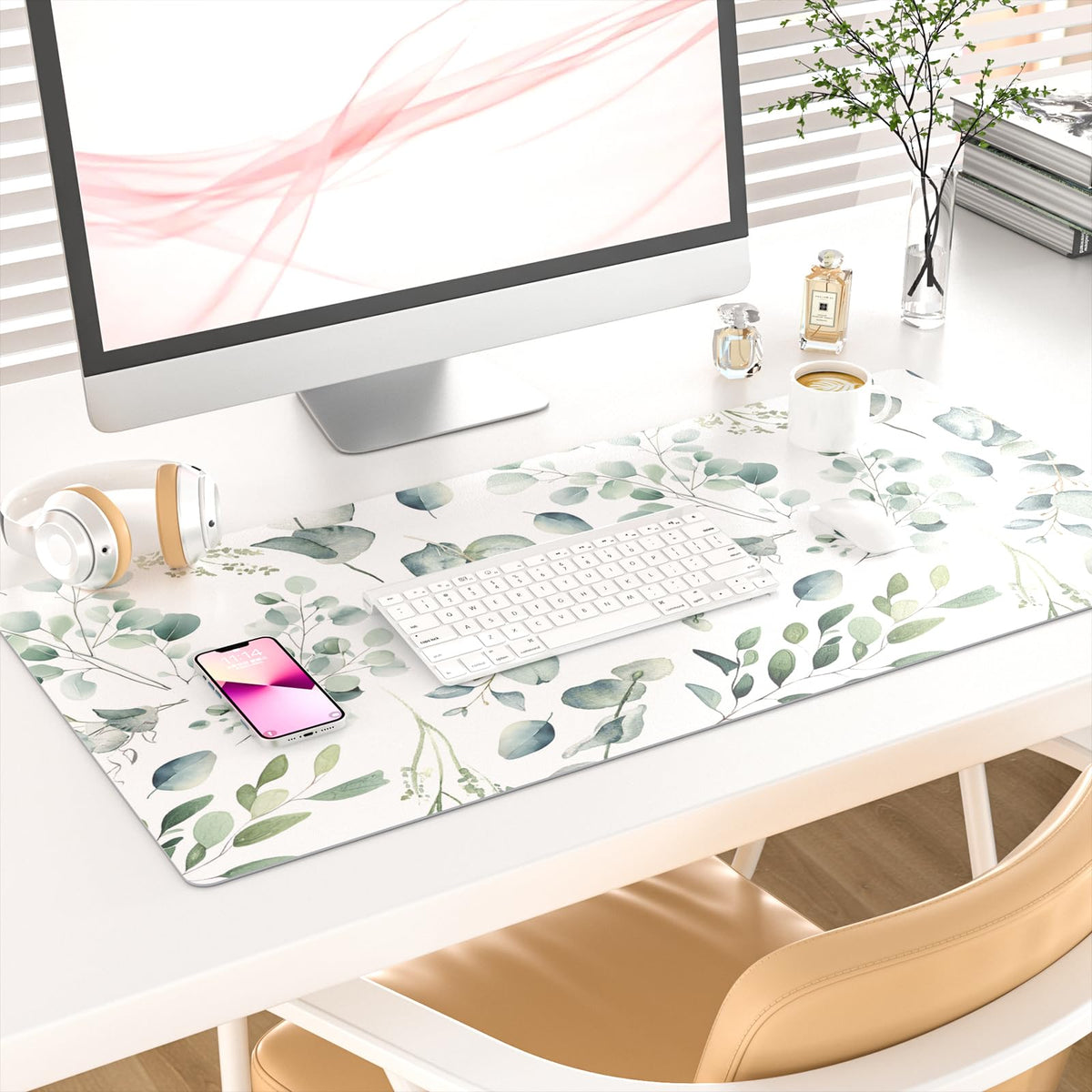 Leather Large Mouse Pad, Office Desk Mat, 31.5"x15.7", Eucalyptus Leaves