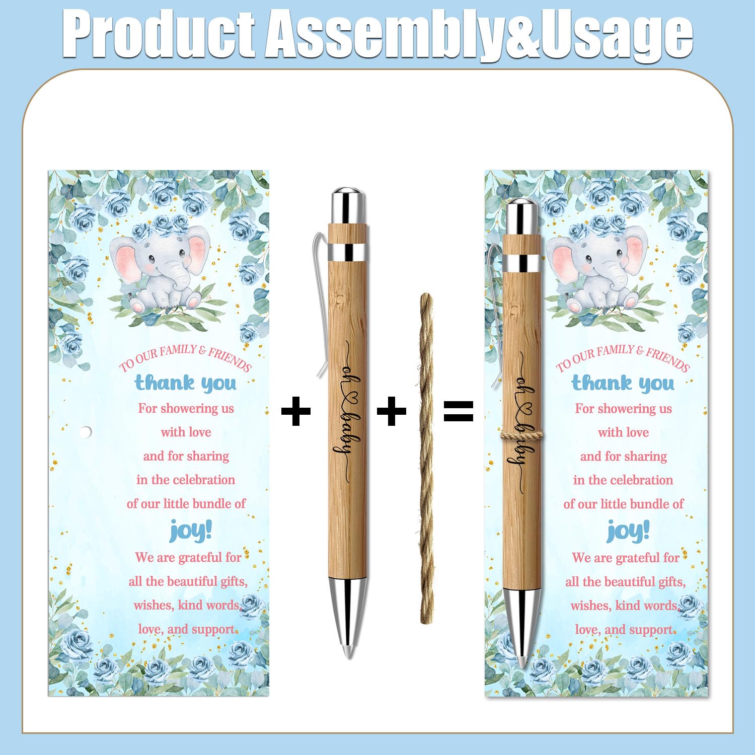 Baby Shower Favors for 30 Guests, Bamboo Pens Greeting Cards, Blue Elephant