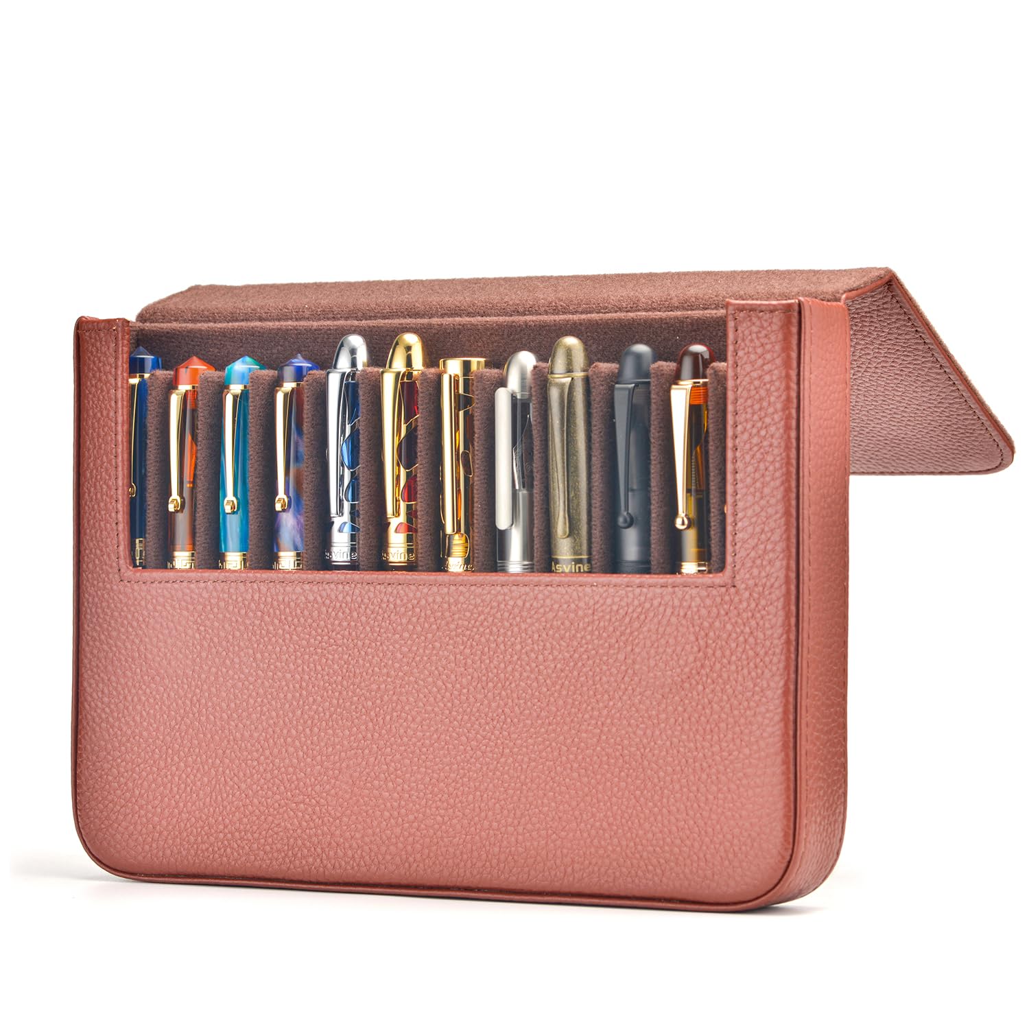 Lanxivi 12 Fountain Pen Case Genuine Coffee Leather Organizer, Portable Pen Bag Pouch Drawer Style