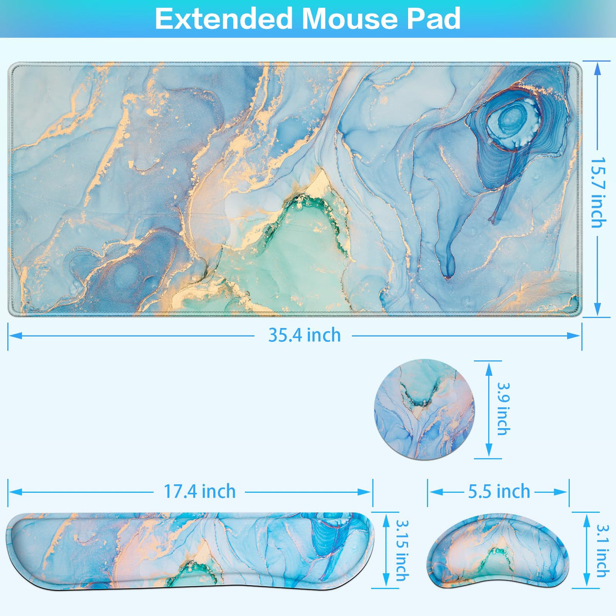 4 in1 Desk Mat Blue, Large Gaming Mouse Pad with Wrist Rest,