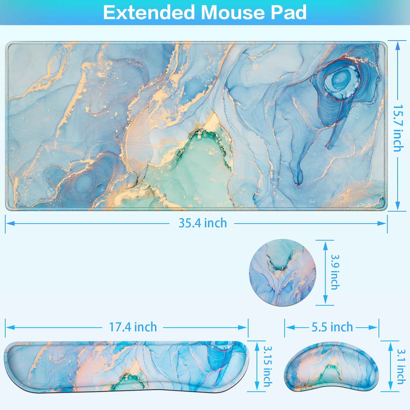 4 in1 Desk Mat Blue, Large Gaming Mouse Pad with Wrist Rest,