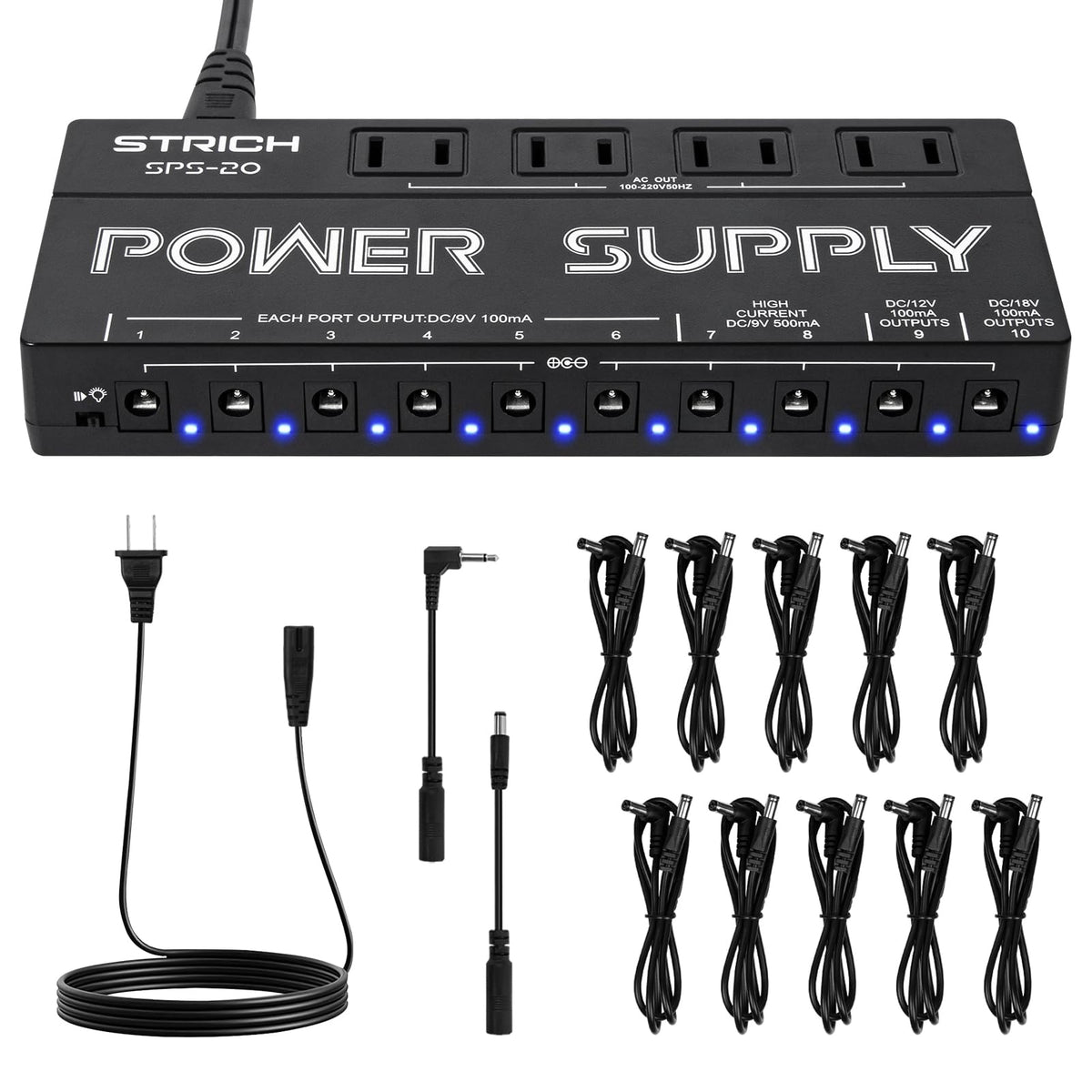 STRICH SPS-20 10-Output Pedal Power Supply for 9V/12V/18V Guitar Pedal
