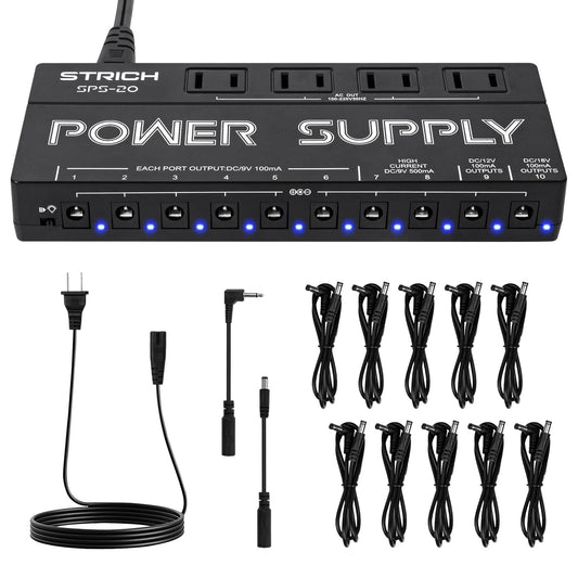STRICH SPS-20 10-Output Pedal Power Supply for 9V/12V/18V Guitar Pedal