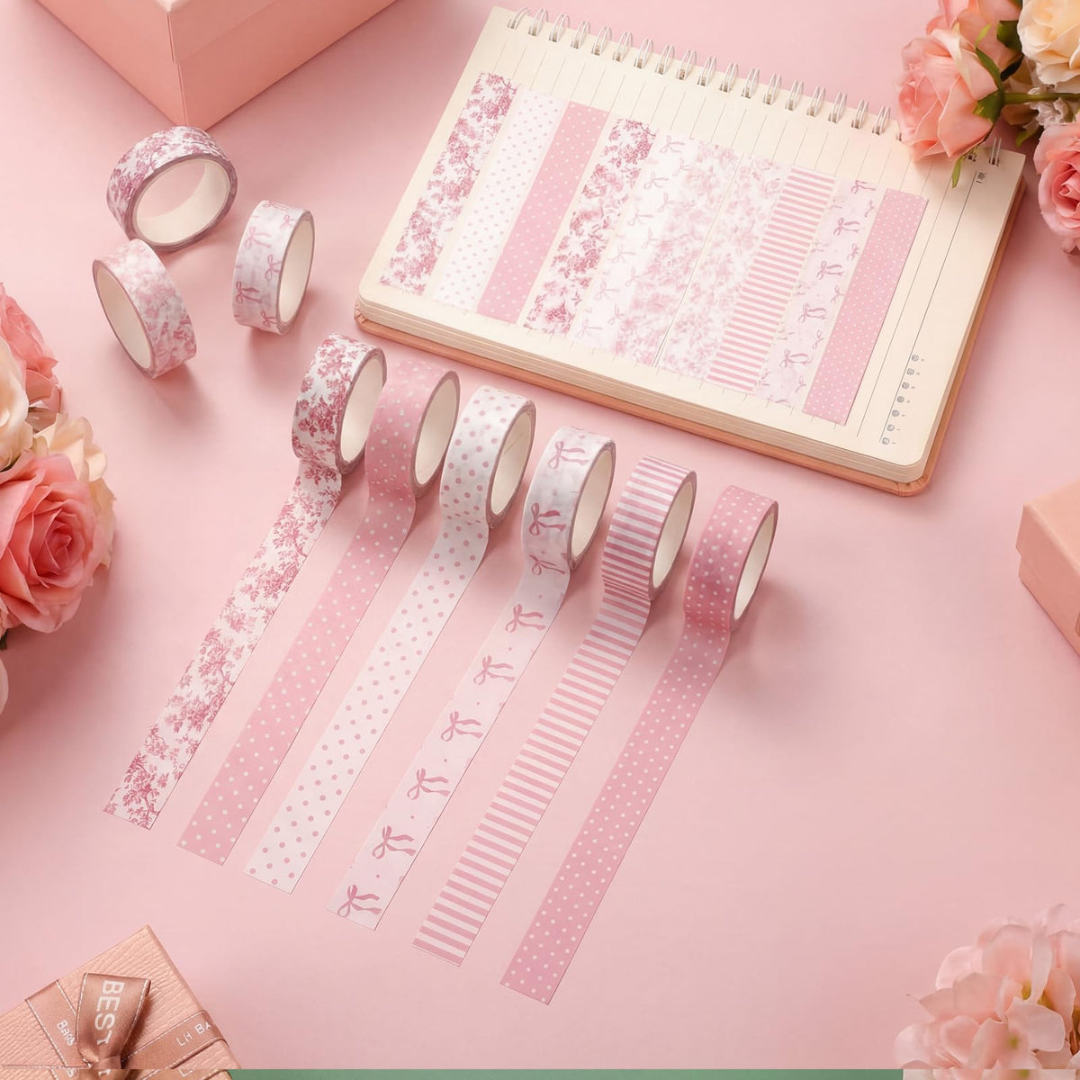 YooNotee 12 Rolls Floral Washi Tape Set,Pink,Bows and Polka Dots