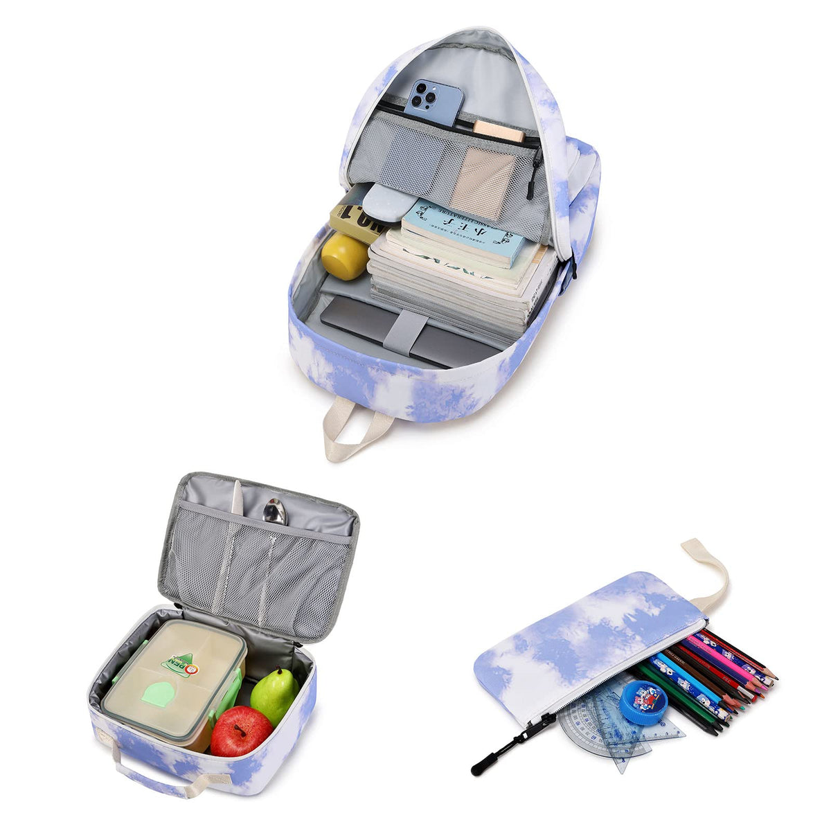 Imyth Backpack for Teen Girls School Gift Bookbag Lunch Box Pencil Bag 3 in 1 Set (Tie dye-Blue)
