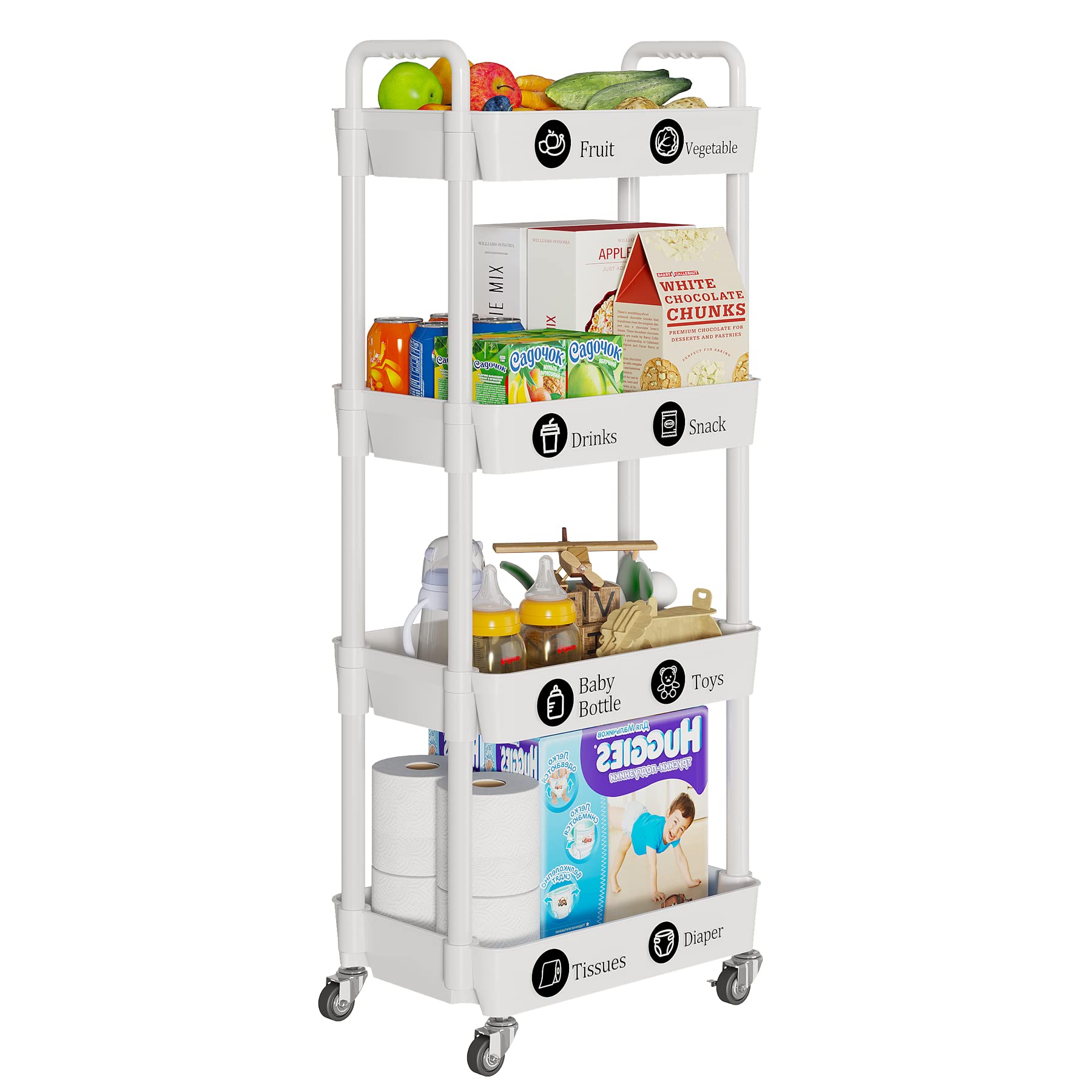 4 Tier Rolling Cart with Wheels, Utility Storage Carts,White