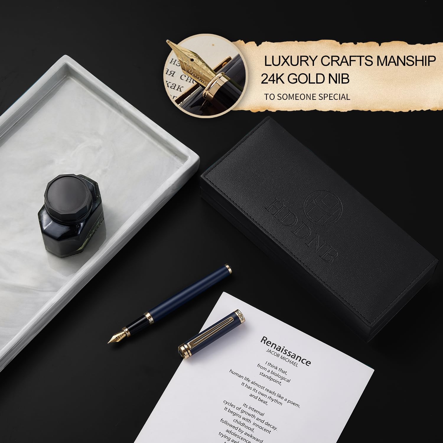 HDDNB Blue Luxury Fountain Pen Set for Men and Women with Gift Box, 24K Gold Finish and Gilded
