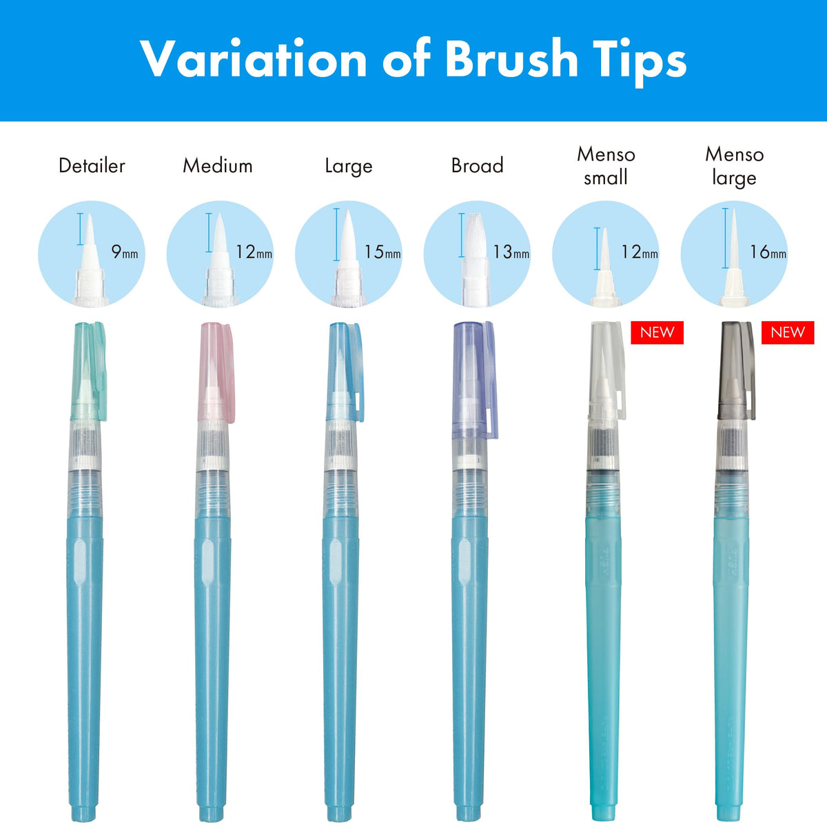 Kuretake Zig Water Brush Pen BRUSHS2O Long 6 Variety Set, for Watercolor Paint, Fude, Flat, Menso