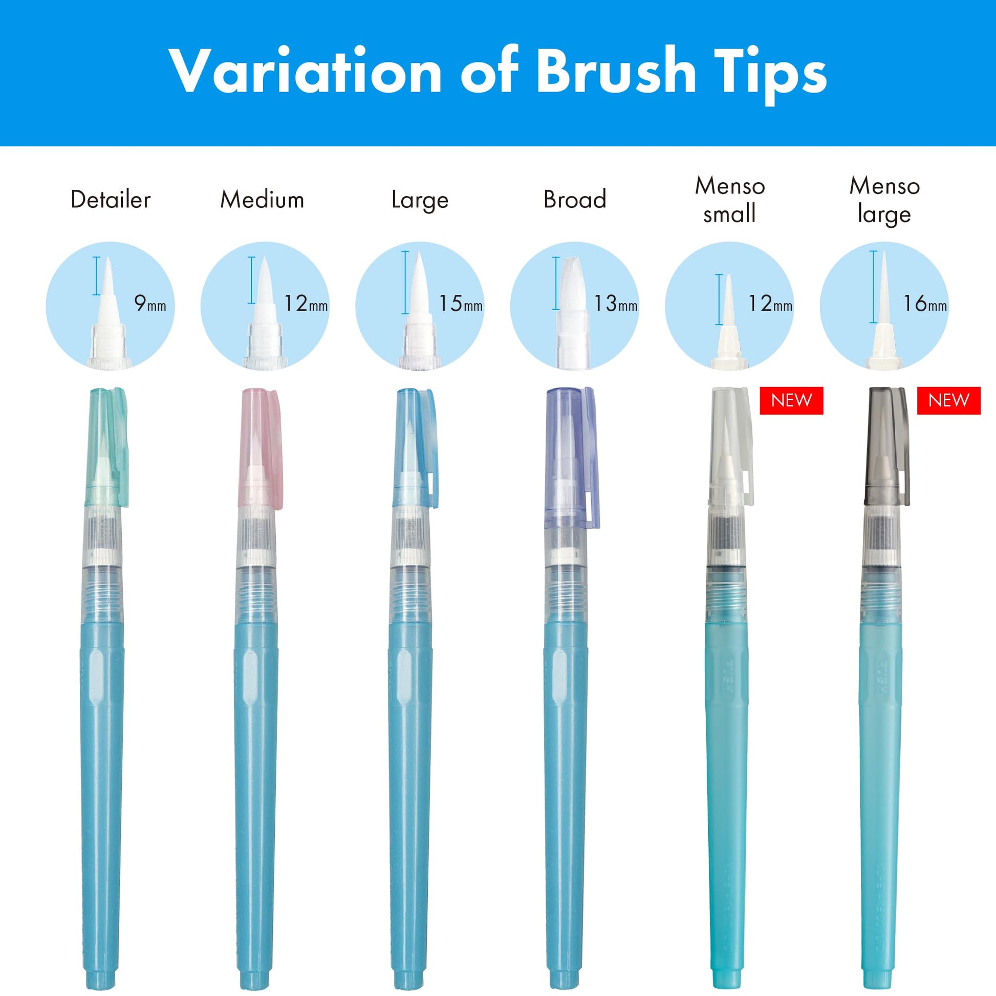Kuretake Zig Water Brush Pen BRUSHS2O Long 6 Variety Set, for Watercolor Paint, Fude, Flat, Menso