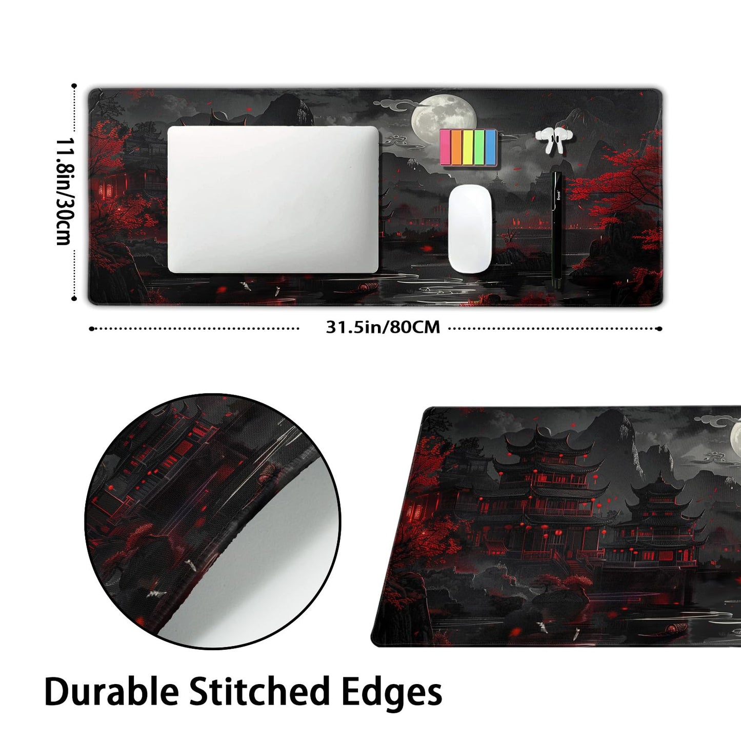 Full Moon Night Gaming Mouse Pad XLBlack Red Mountain Japanese Extended Large Mat Mousepad Desk Pad