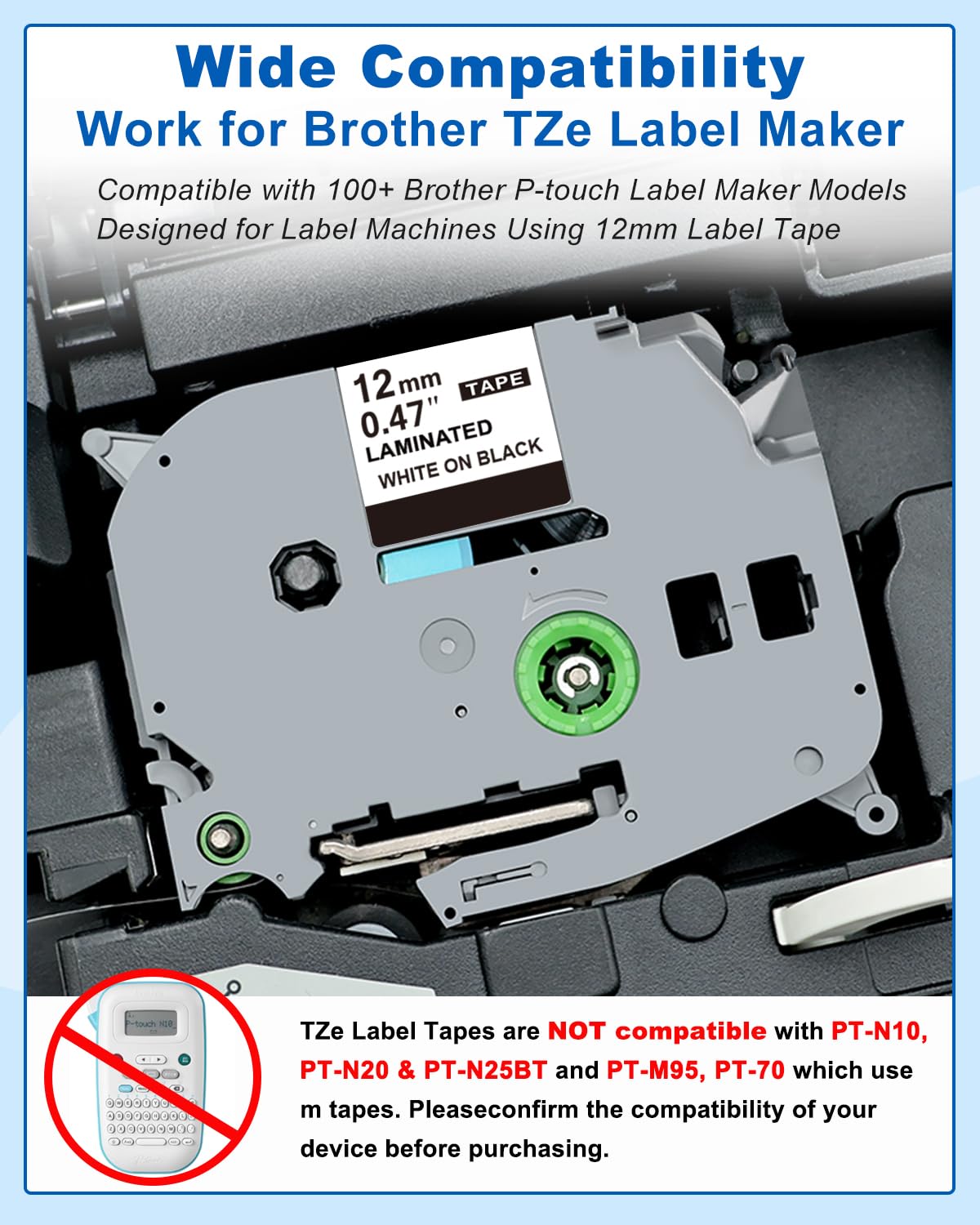 TZE-335 Replace for Brother P-Touch Label Maker Tape White on Black Refills