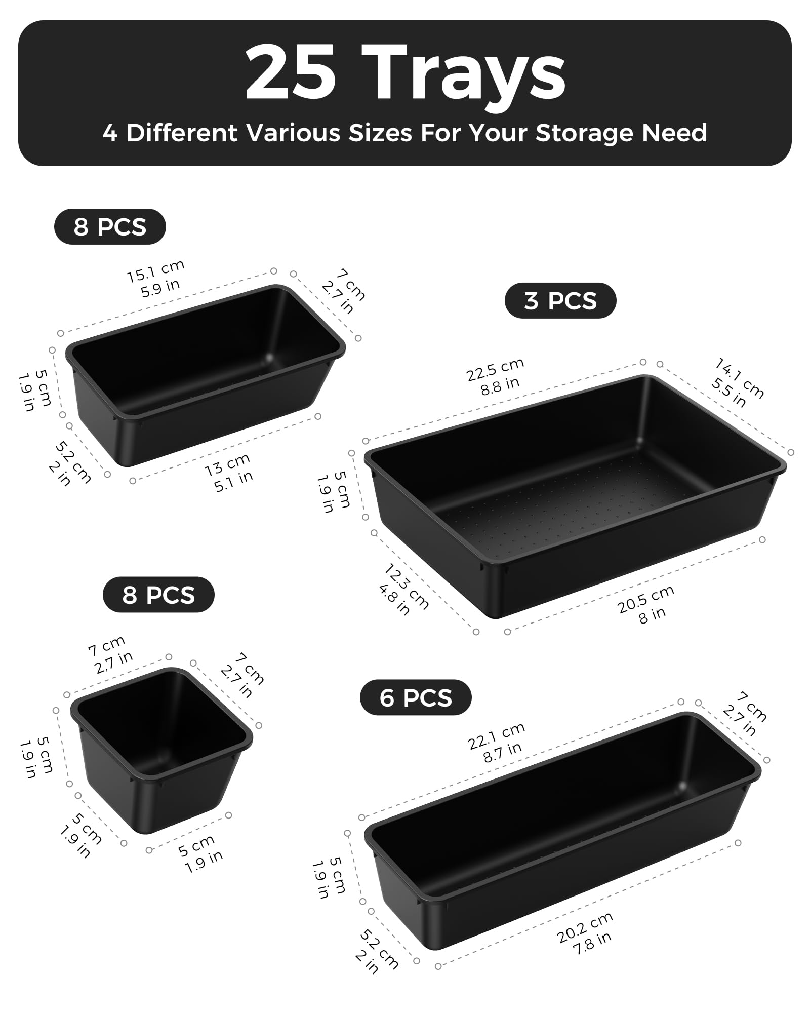 BiuLeon 25 PCS Plastic Drawer Organizers Set, 4-Sizes Vanity and Makeup Organizer, Desk and