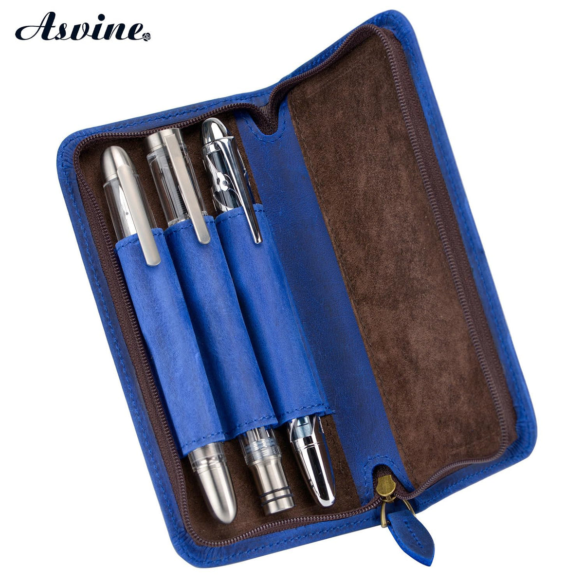 Asvine Fountain Pen Case 3 Divided Slots Crazy Horse Leather Pen Holder, Handmade Display Zippered