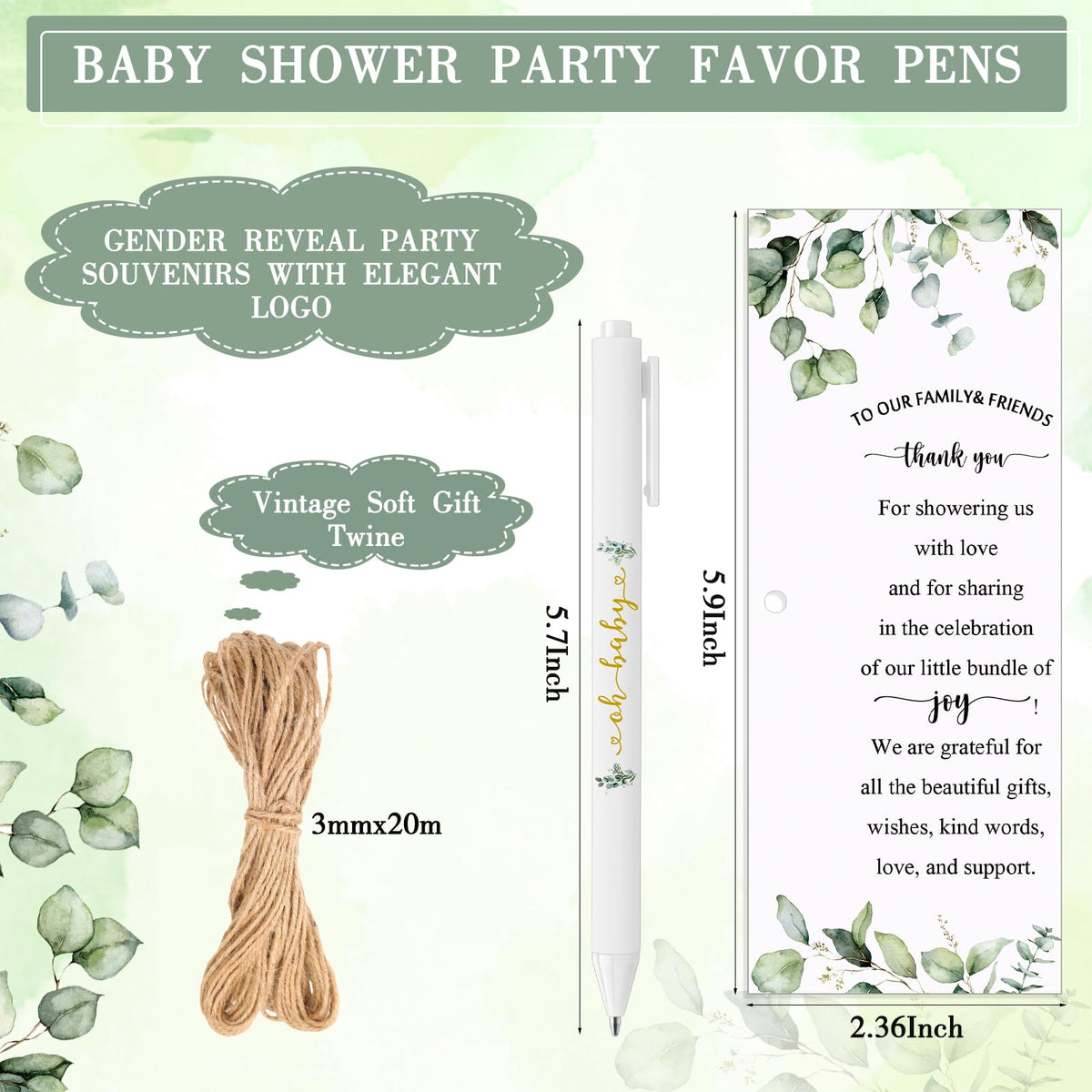 Tenceur 100 Set Baby Shower Pens Greenery Baby Shower Favor for Guest Sage Ballpoint Pens with