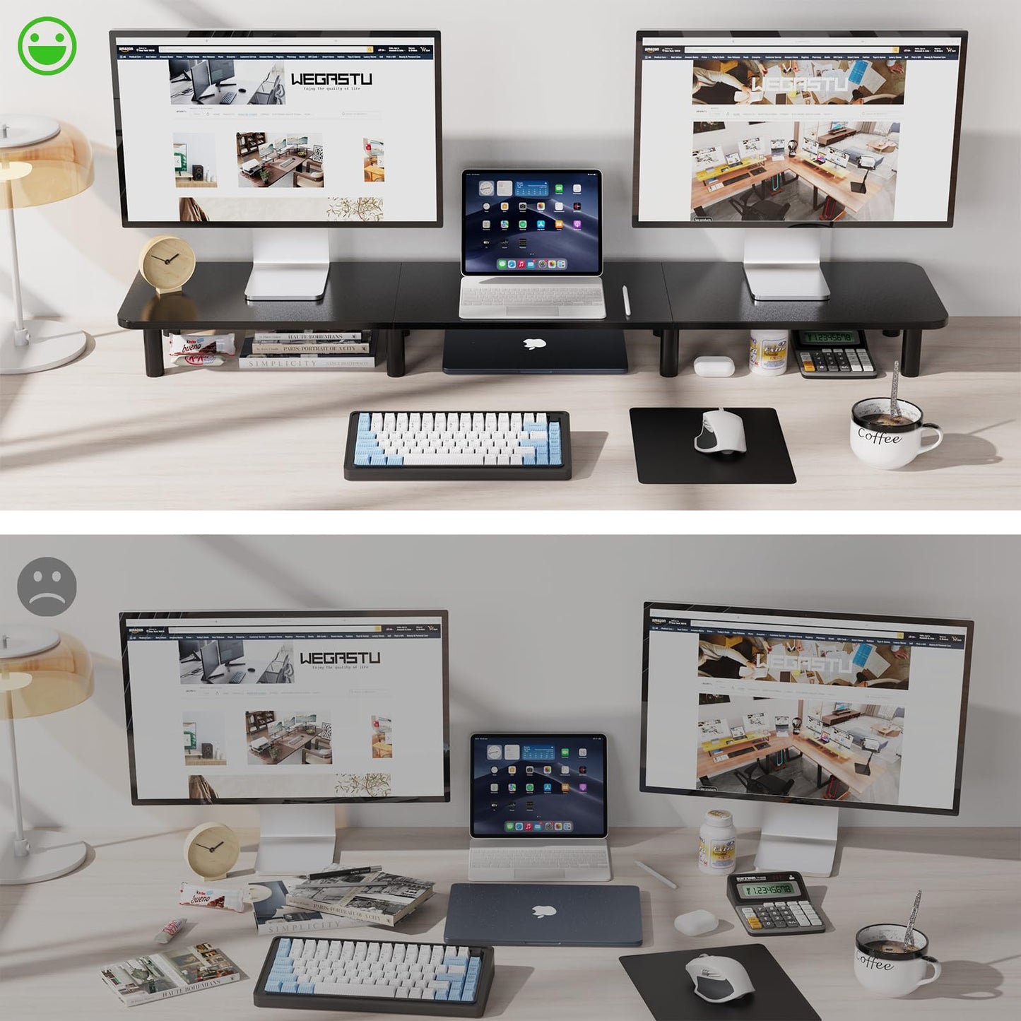 WEGASTU 43.7" Extra Long Dual Monitor Stand Riser, Wood & Steel Monitor Stand for 2 Monitors, Wide