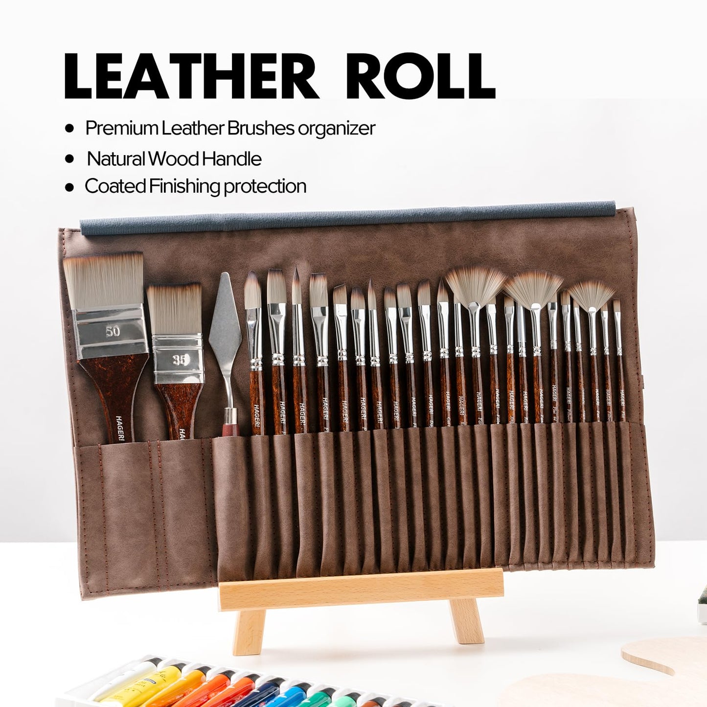 HAGERI Paint Brushes, 25 Pieces Expert Synthetic Nylon Bristles Paint Brush Set with Suede Leather