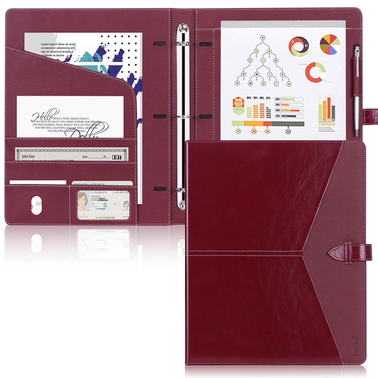 Toplive Padfolio 3 Ring Binder Organizer Business Portfolio Folder for Women, A4/ Letter Size PU