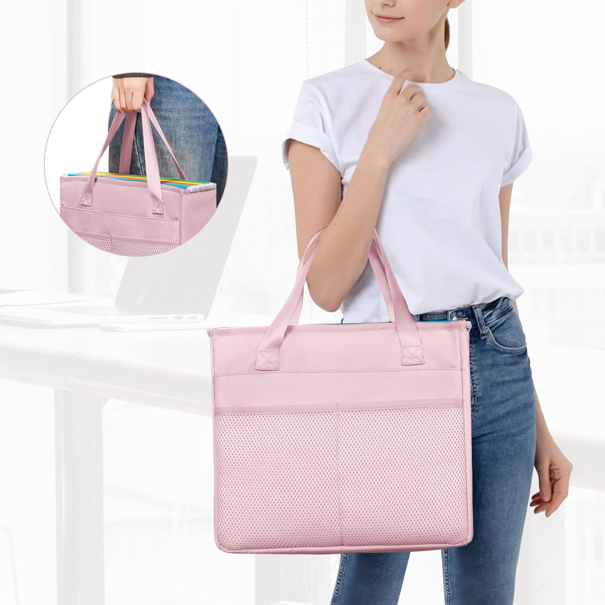 Prokva File Folder Tote Bag with Handle, Document Organizer Box, Pink