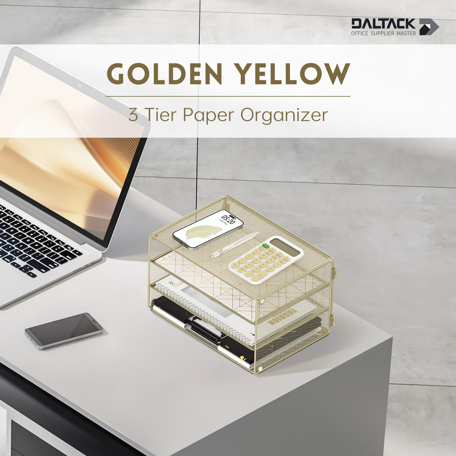 DALTACK 3 Tier Letter Tray Paper Organizer with Sliding Mesh Trays Yellow