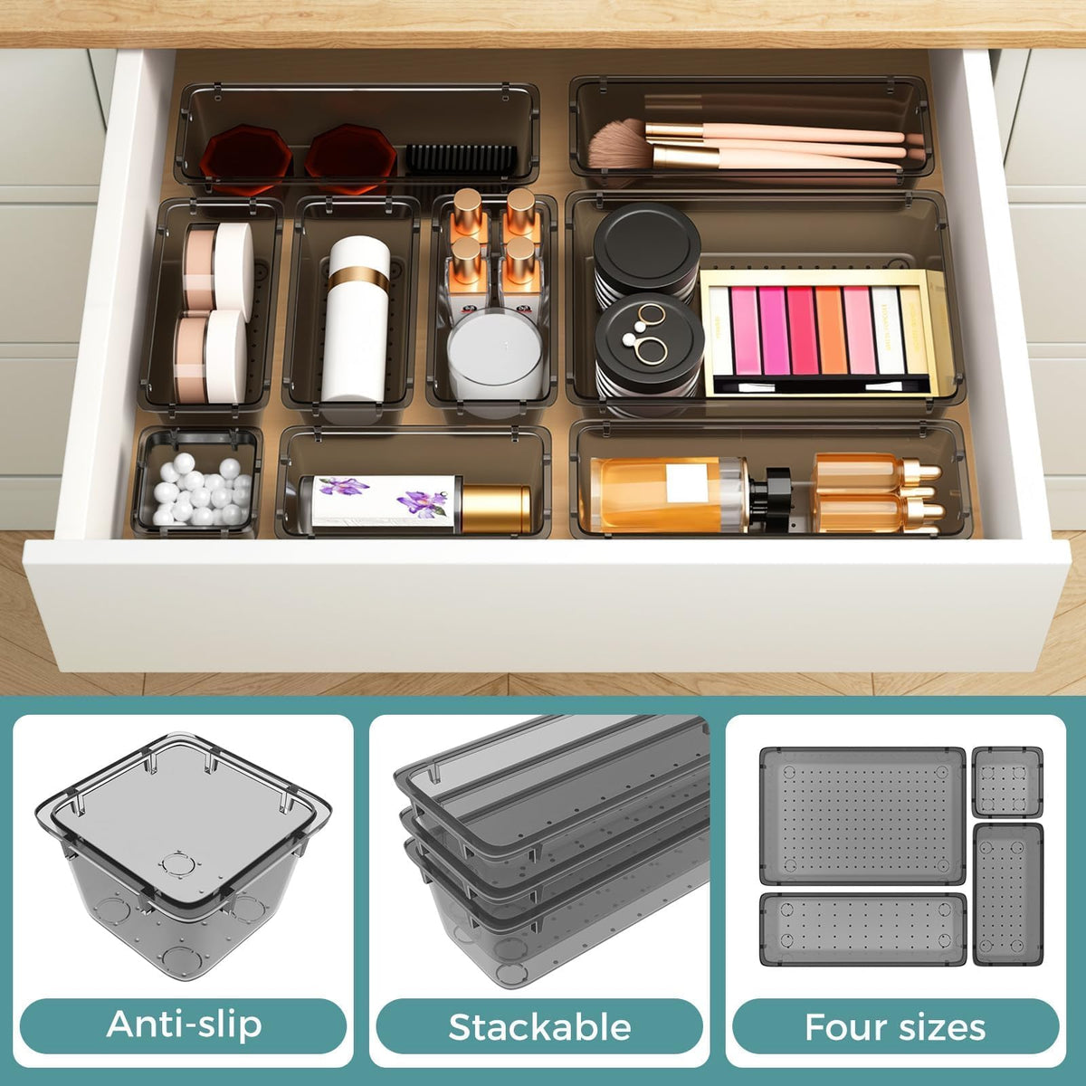 44 PCS Clear Plastic Drawer Organizer Set, 4 Sizes Storage Bins, Black