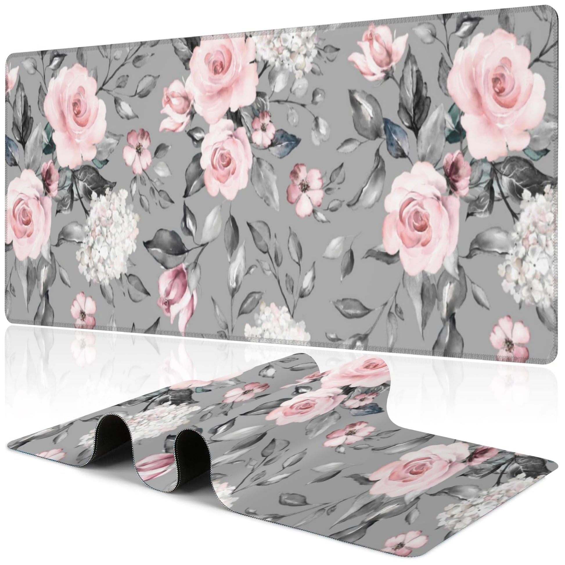 Pink Roses Desk Mat,Large Spring Blooming Flowers and Leaves Gaming Keyboard Mouse Pad,Non-Slip