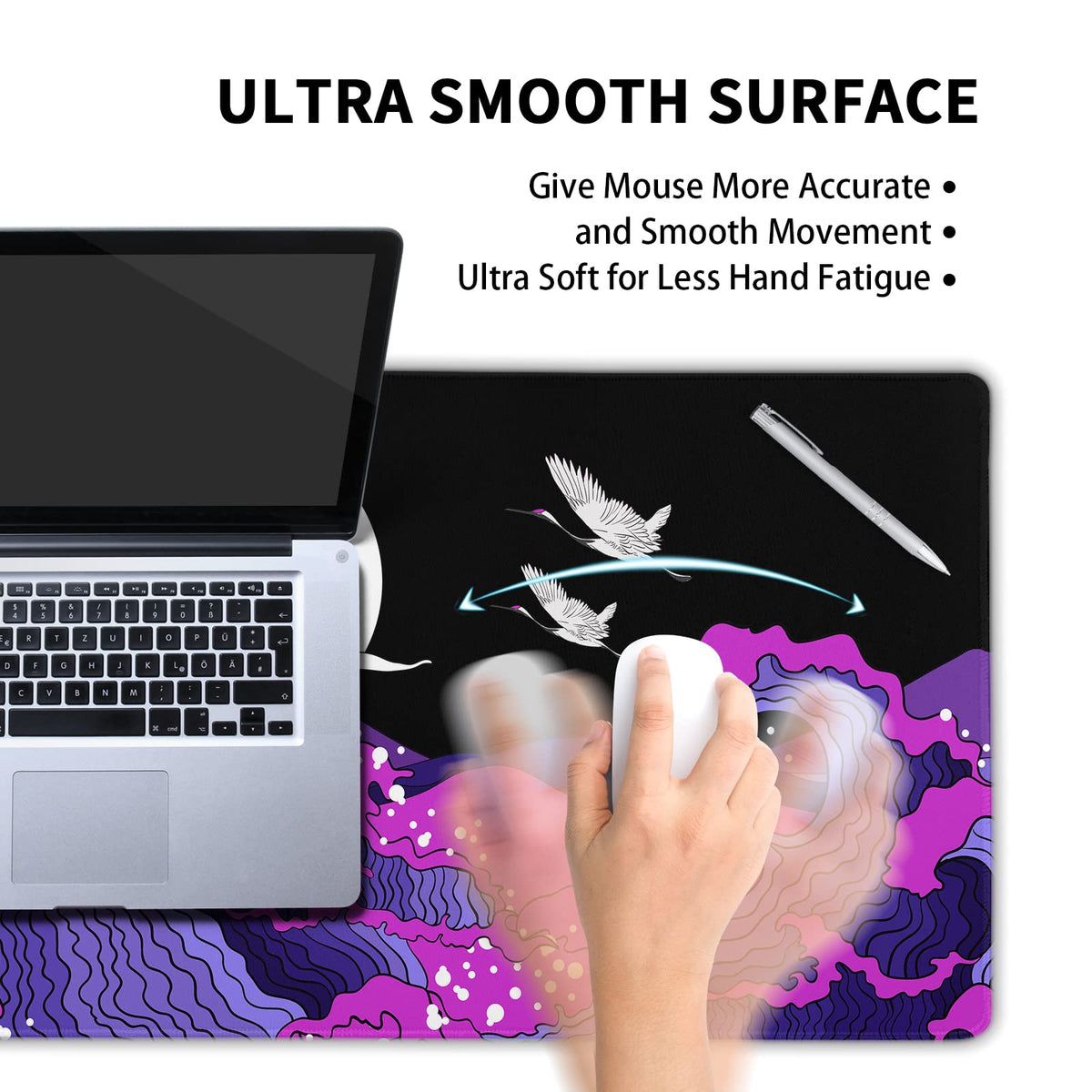 Japanese Balck Blue Purple Wave Gaming Mouse Pad 35.4 X 15.7 Inch XXL Cool Style Art Design Full