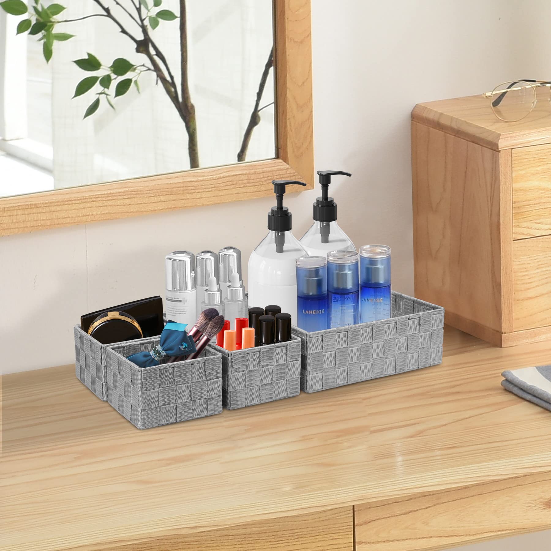 Posprica Drawer Organizer Bins,Woven Strap Storage Box Cube Basket Containers Divider for