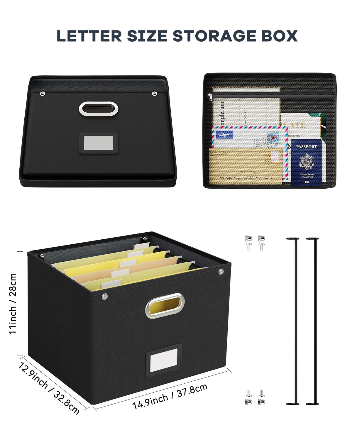 Oterri File Organizer Box with Lid,Large Hanging Filing Box with Mesh Pocket, Document c for Letter
