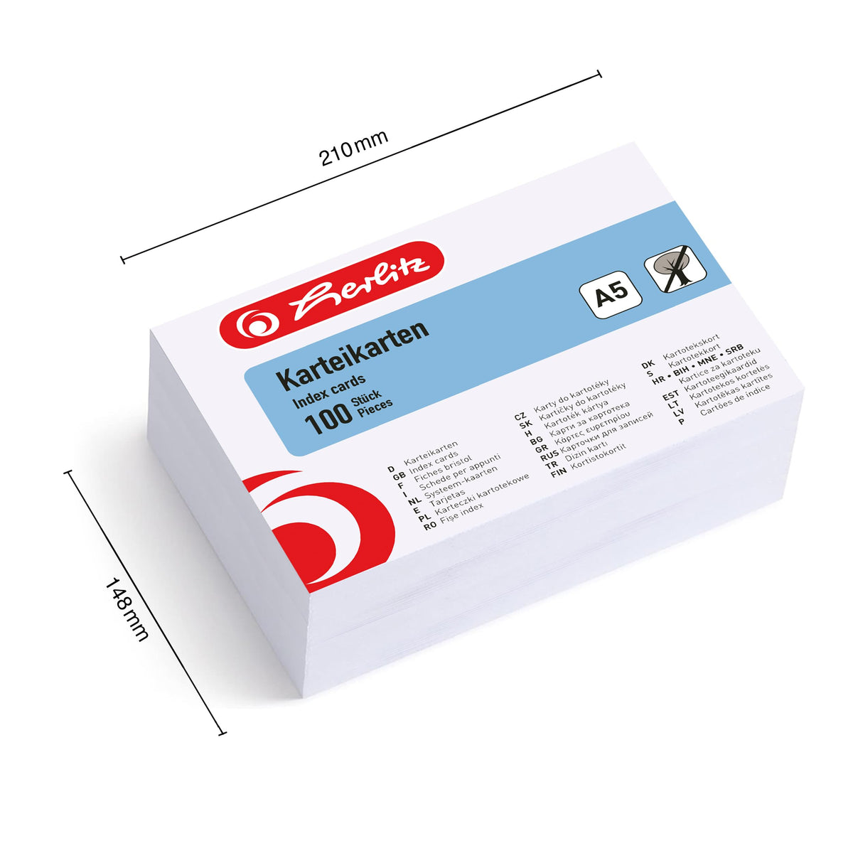 Herlitz-10621308- Index Cards A5, Shrink Wrapped with Perforations, Plain, White, 100 Pack