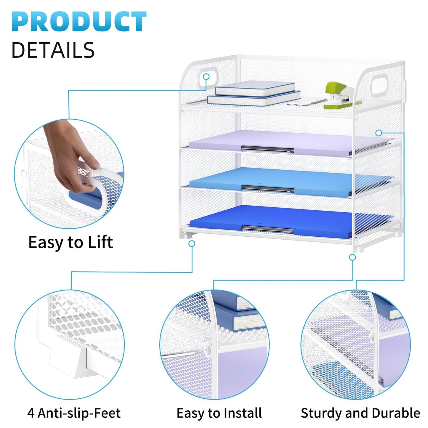 Marbrasse 2 Pack 4 Tier Paper Organizer Letter Tray - Mesh Desk File Organizer with Handle, Paper