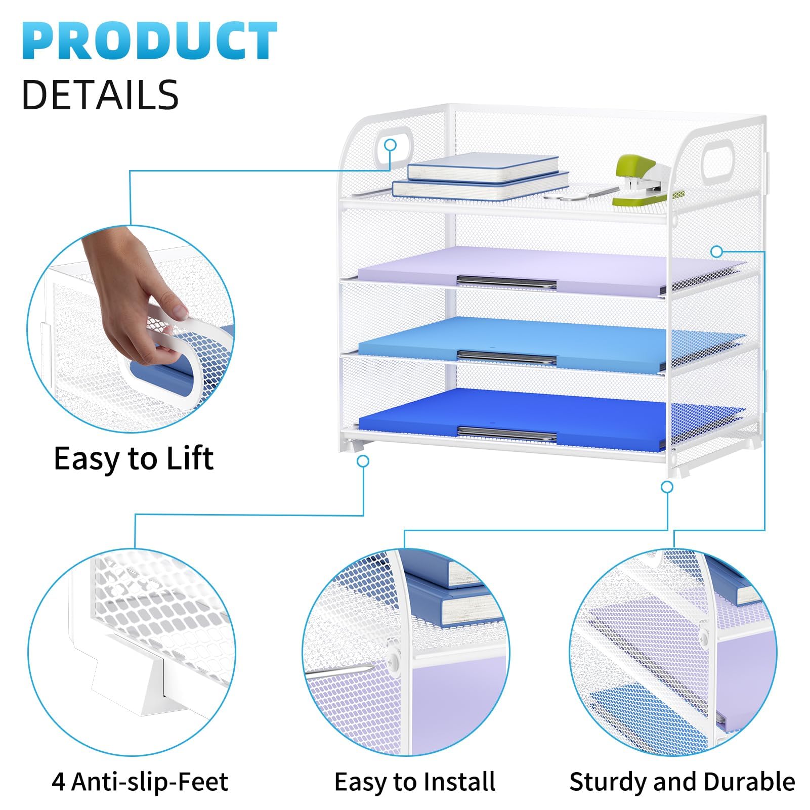 Marbrasse 2 Pack 4 Tier Paper Organizer Letter Tray - Mesh Desk File Organizer with Handle, Paper