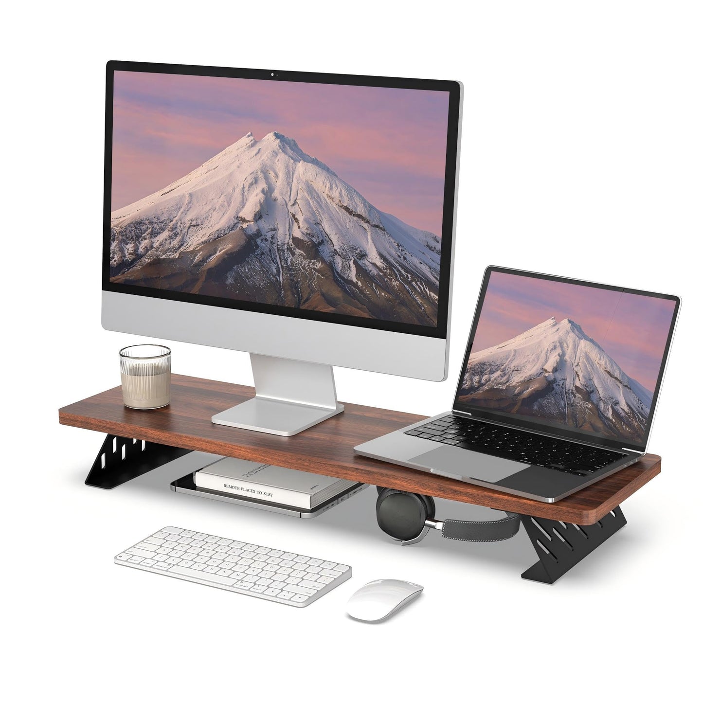 Fenge Monitor Stand Riser, Wooden & Metal Desk Shelf Organizer, Brown