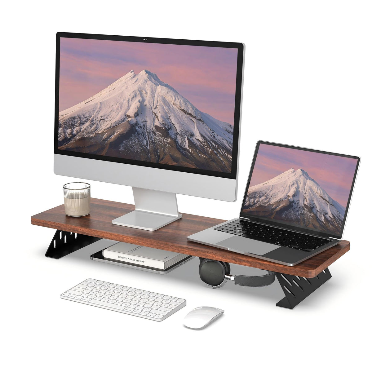 Fenge Monitor Stand Riser, Wooden & Metal Desk Shelf Organizer, Brown