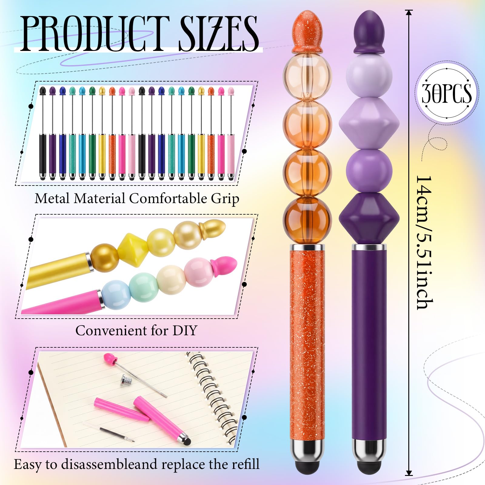 Qilery 30 Pcs Beaded Pens with Stylus Tips Plastic Beaded DIY Stylus 2-in-1 for Rubber Touch Screen