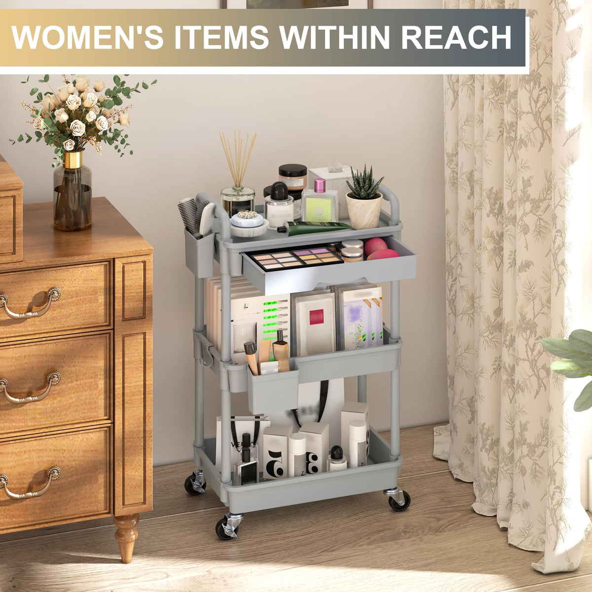 Goovilla 3 Tier Rolling Utility Cart Organizer with Removable Drawer, Grey